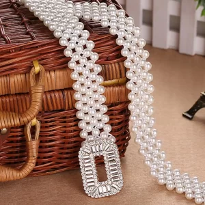 1pc Women's Elastic Waist Belt With Gold Buckle And Five Rows Of Faux Pearls, Sweet And Fashionable 1