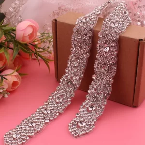 YJWSXF - Crystal bridal belt with ribbons, handmade silver wedding belt, cookie patient belt for wedding evening dresses 2